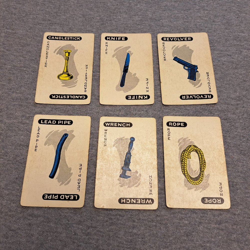 PARKER BROTHERS CLUE BOARD GAME 1956 VINTAGE REPLACEMENT PARTS -6 WEAPON CARDS-